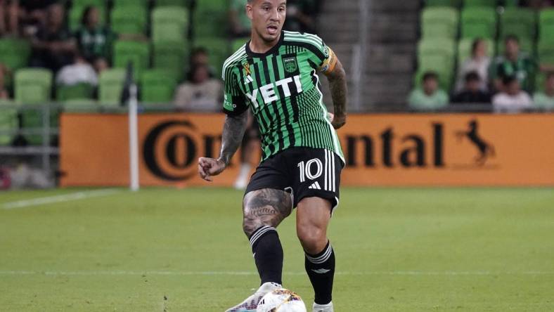 Sep 24, 2023; Austin, Texas, USA; Austin FC forward Sebastian Driussi (10) makes a pass against the Los Angeles Galaxy during the first half at Q2 Stadium. Mandatory Credit: Scott Wachter-USA TODAY Sports