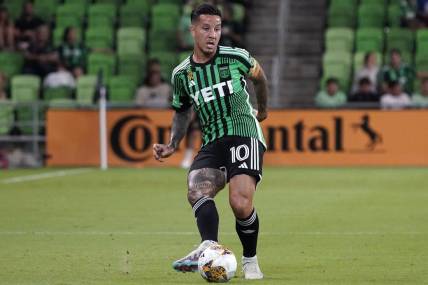 Sep 24, 2023; Austin, Texas, USA; Austin FC forward Sebastian Driussi (10) makes a pass against the Los Angeles Galaxy during the first half at Q2 Stadium. Mandatory Credit: Scott Wachter-USA TODAY Sports