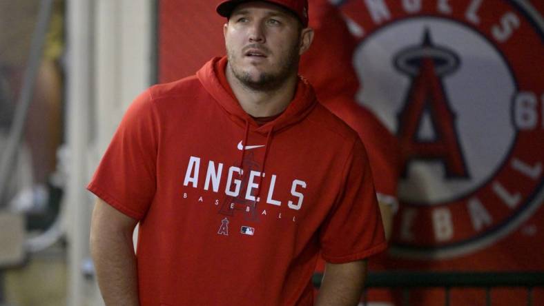 Sep 25, 2023; Anaheim, California, USA; Los Angeles Angels center fielder Mike Trout (17) looks on during the game against the Texas Rangers at Angel Stadium. Mandatory Credit: Jayne Kamin-Oncea-USA TODAY Sports