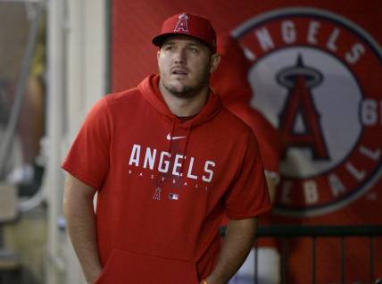 Sep 25, 2023; Anaheim, California, USA; Los Angeles Angels center fielder Mike Trout (17) looks on during the game against the Texas Rangers at Angel Stadium. Mandatory Credit: Jayne Kamin-Oncea-USA TODAY Sports
