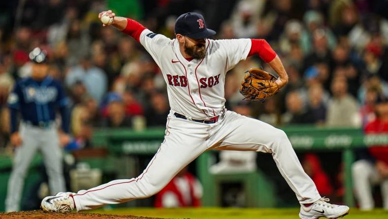 Sep 26, 2023; Boston, Massachusetts, USA; Boston Red Sox relief pitcher John Schreiber (46) throws a pitch against they Tampa Bay Rays in the seventh inning at Fenway Park. Mandatory Credit: David Butler II-USA TODAY Sports