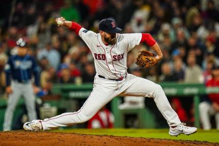Sep 26, 2023; Boston, Massachusetts, USA; Boston Red Sox relief pitcher John Schreiber (46) throws a pitch against they Tampa Bay Rays in the seventh inning at Fenway Park. Mandatory Credit: David Butler II-USA TODAY Sports