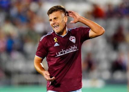 Sep 27, 2023; Commerce City, Colorado, USA; Colorado Rapids forward Diego Rubio (11) reacts in the first half against the Vancouver Whitecaps FC at Dick's Sporting Goods Park. Mandatory Credit: Ron Chenoy-USA TODAY Sports
