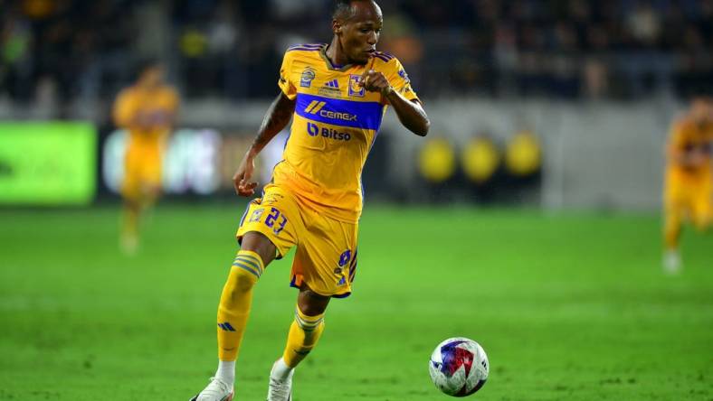 Sep 27, 2023; Los Angeles, CA, USA; Tigres UANL forward Luis Quinones (23) controls the ball in the first half against the Los Angeles FC at BMO Stadium. Mandatory Credit: Gary A. Vasquez-USA TODAY Sports