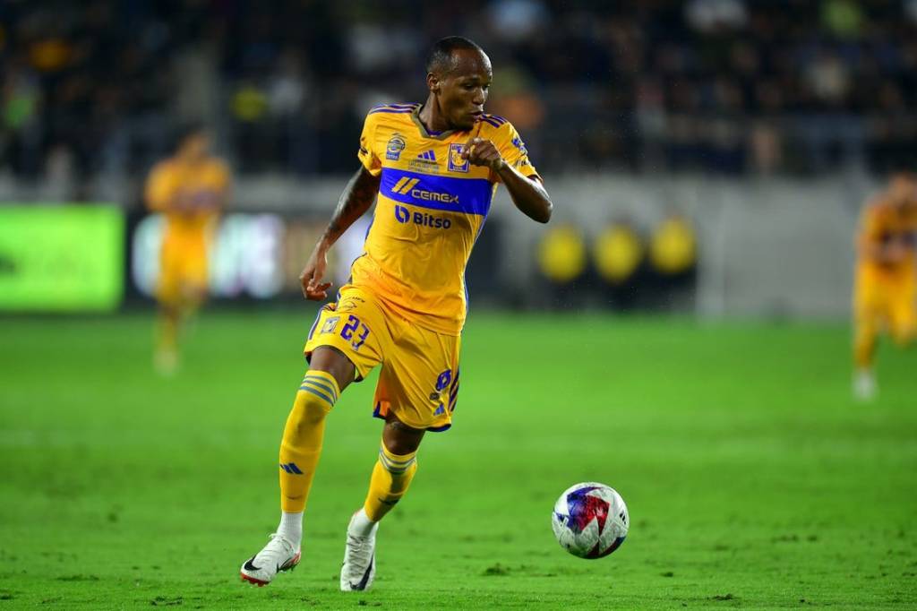 Sep 27, 2023; Los Angeles, CA, USA; Tigres UANL forward Luis Quinones (23) controls the ball in the first half against the Los Angeles FC at BMO Stadium. Mandatory Credit: Gary A. Vasquez-USA TODAY Sports