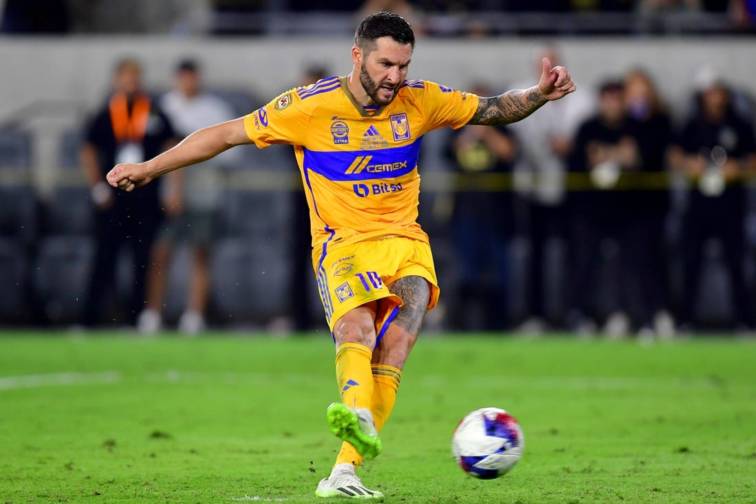 Sep 27, 2023; Los Angeles, CA, USA;  Tigres UANL forward Andre-Pierre Gignac (10) scores a penalty kick against the Los Angeles FC at BMO Stadium. Mandatory Credit: Gary A. Vasquez-USA TODAY Sports