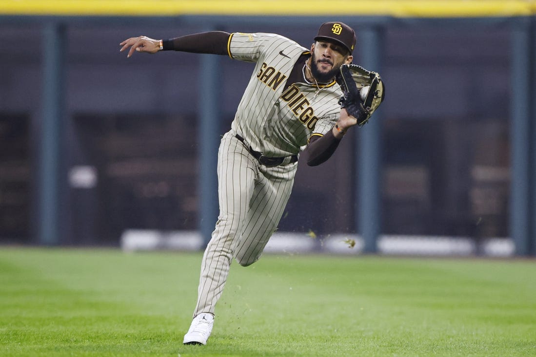 Sep 29, 2023; Chicago, Illinois, USA; San Diego Padres right fielder Fernando Tatis Jr. (23) catches a pop up ball hit by Chicago White Sox shortstop Tim Anderson during the ninth inning at Guaranteed Rate Field. Mandatory Credit: Kamil Krzaczynski-USA TODAY Sports