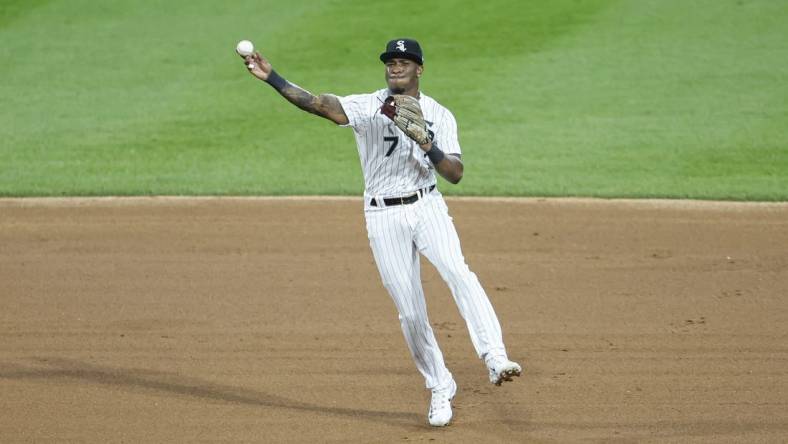 Sep 30, 2023; Chicago, Illinois, USA; Chicago White Sox shortstop Tim Anderson (7) throws to first base for San Diego Padres out during the sixth inning at Guaranteed Rate Field. Mandatory Credit: Kamil Krzaczynski-USA TODAY Sports