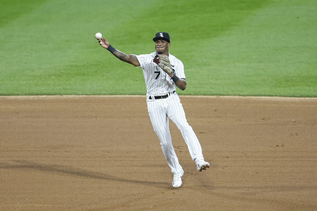 Sep 30, 2023; Chicago, Illinois, USA; Chicago White Sox shortstop Tim Anderson (7) throws to first base for San Diego Padres out during the sixth inning at Guaranteed Rate Field. Mandatory Credit: Kamil Krzaczynski-USA TODAY Sports