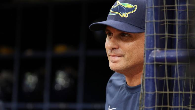 Oct 3, 2023; St. Petersburg, Florida, USA; Tampa Bay Rays manager Kevin Cash (16) looks on against the Texas Rangers in the first inning during game one of the Wildcard series for the 2023 MLB playoffs at Tropicana Field. Mandatory Credit: Kim Klement Neitzel-USA TODAY Sports