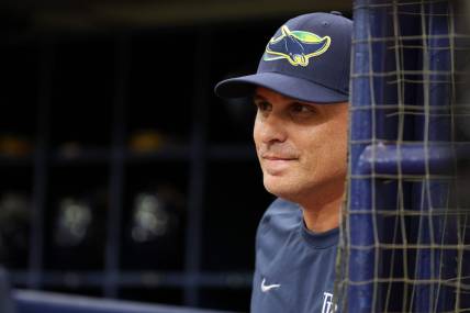 Oct 3, 2023; St. Petersburg, Florida, USA; Tampa Bay Rays manager Kevin Cash (16) looks on against the Texas Rangers in the first inning during game one of the Wildcard series for the 2023 MLB playoffs at Tropicana Field. Mandatory Credit: Kim Klement Neitzel-USA TODAY Sports