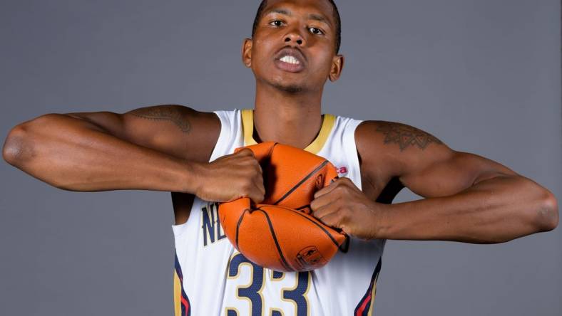 Oct 2, 2023; New Orleans, LA, USA; New Orleans Pelicans guard Malcolm Hill (33) poses during Media Day at the Smoothie King Center. Mandatory Credit: Matthew Hinton-USA TODAY Sports