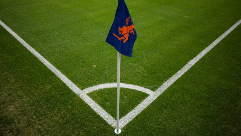 Oct 4, 2023; Cincinnati, Ohio, USA;  The Cincinnati logo is seen on a corner flag before a match between the New York Red Bulls and FC Cincinnati at TQL Stadium. Mandatory Credit: Aaron Doster-USA TODAY Sports