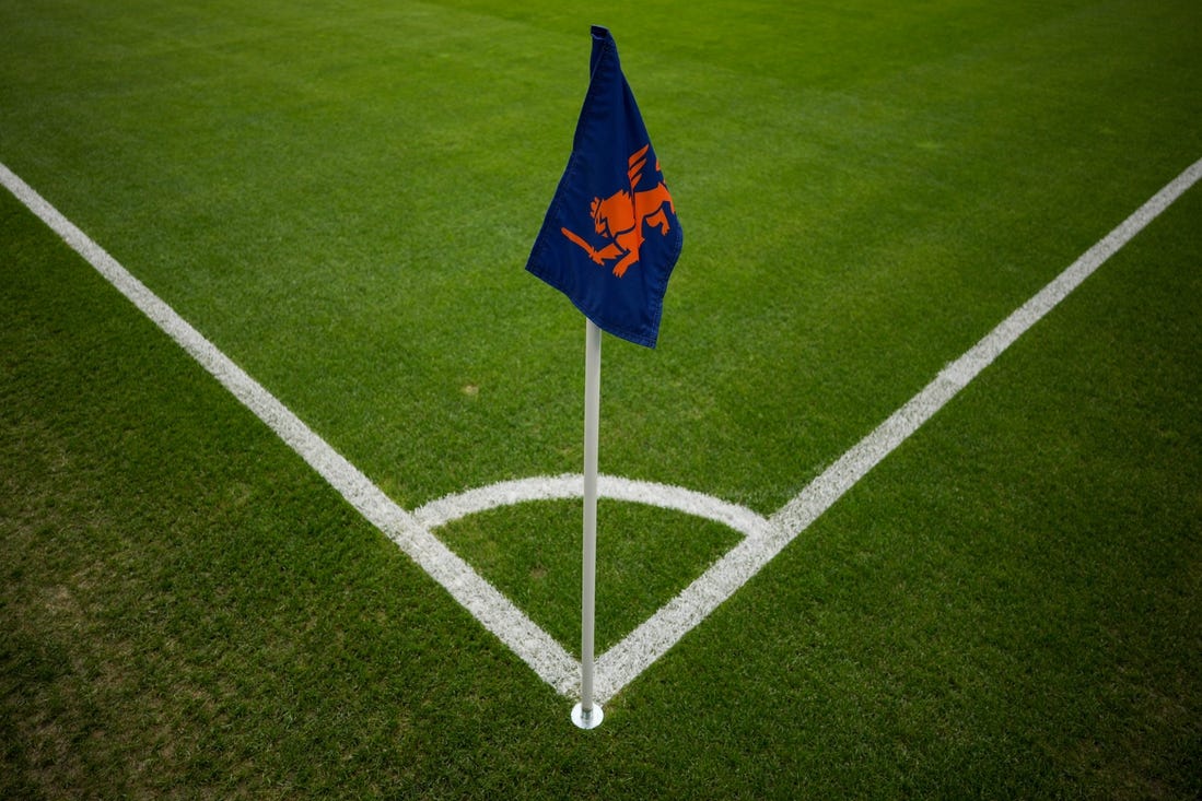 Oct 4, 2023; Cincinnati, Ohio, USA;  The Cincinnati logo is seen on a corner flag before a match between the New York Red Bulls and FC Cincinnati at TQL Stadium. Mandatory Credit: Aaron Doster-USA TODAY Sports