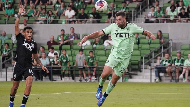 Oct 4, 2023; Austin, Texas, USA; Austin FC forward Will Bruin (29) heads the ball to score a goal against D.C. United in the first half at Q2 Stadium. Mandatory Credit: Scott Wachter-USA TODAY Sports