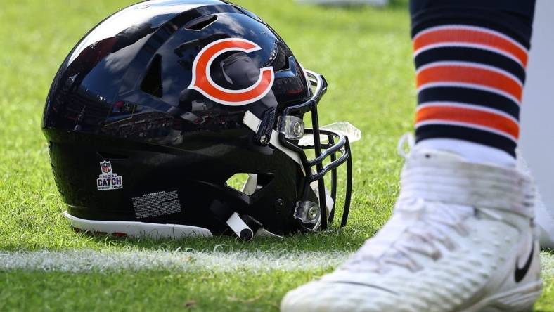 Oct 15, 2023; Chicago, Illinois, USA; A detailed view of the Chicago Bears helmet before the game against the Minnesota Vikings at Soldier Field. Mandatory Credit: Mike Dinovo-USA TODAY Sports