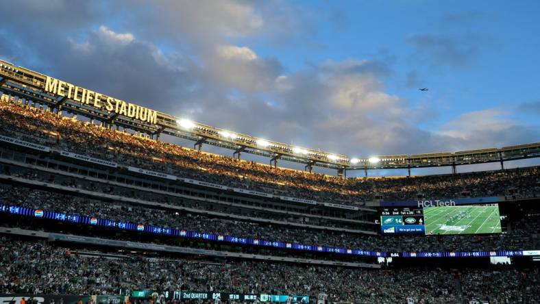 Oct 15, 2023; East Rutherford, New Jersey, USA; General view of MetLife Stadium during the second quarter between the New York Jets and the Philadelphia Eagles at MetLife Stadium. Mandatory Credit: Brad Penner-USA TODAY Sports