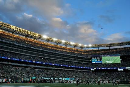 Oct 15, 2023; East Rutherford, New Jersey, USA; General view of MetLife Stadium during the second quarter between the New York Jets and the Philadelphia Eagles at MetLife Stadium. Mandatory Credit: Brad Penner-USA TODAY Sports