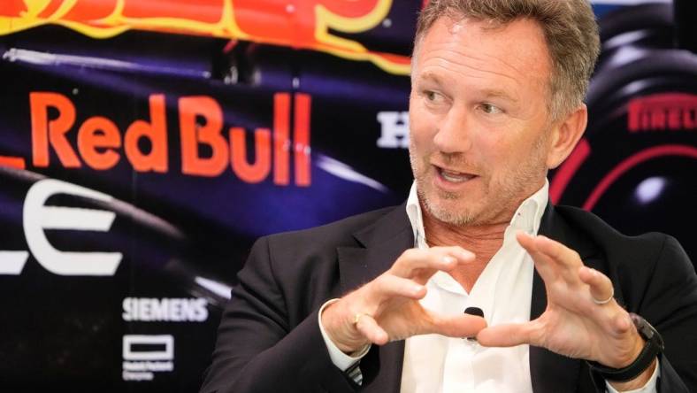 Christian Horner, Team Principal of Oracle Red Bull Racing, speaks at the Red Bull Fan Zone, a private event at Oracle headquarters, on Wednesday October 18, 2023.