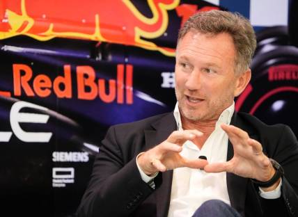 Christian Horner, Team Principal of Oracle Red Bull Racing, speaks at the Red Bull Fan Zone, a private event at Oracle headquarters, on Wednesday October 18, 2023.