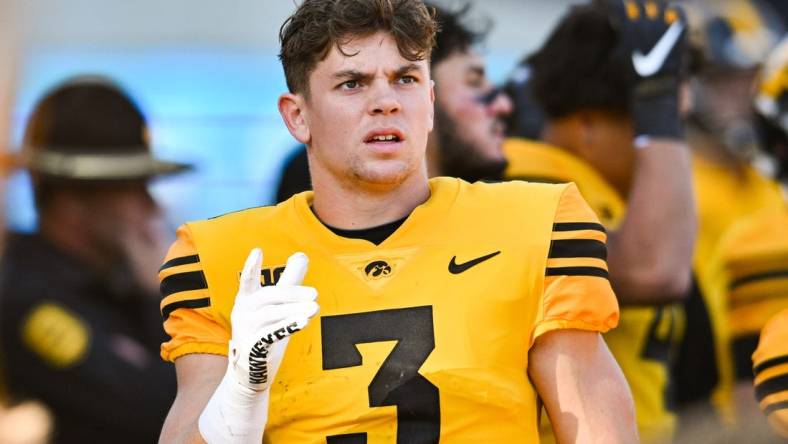 Iowa Hawkeyes defensive back Cooper DeJean (3) reacts during the second quarter against the Minnesota Golden Gophers at Kinnick Stadium. Mandatory Credit: Jeffrey Becker-USA TODAY Sports