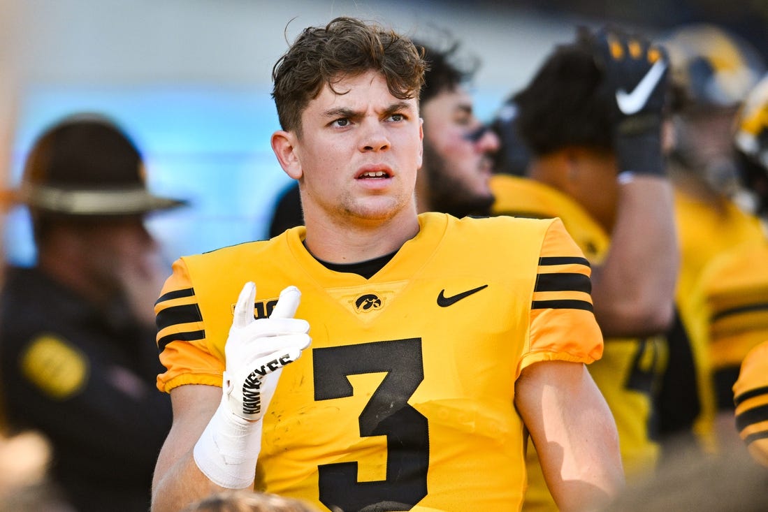 Iowa Hawkeyes defensive back Cooper DeJean (3) reacts during the second quarter against the Minnesota Golden Gophers at Kinnick Stadium. Mandatory Credit: Jeffrey Becker-USA TODAY Sports