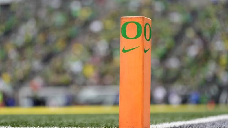 Oct 21, 2023; Eugene, Oregon, USA; A general view of an end zone pylon during the second half between the Oregon Ducks and the Washington State Cougars at Autzen Stadium. Mandatory Credit: Soobum Im-USA TODAY Sports