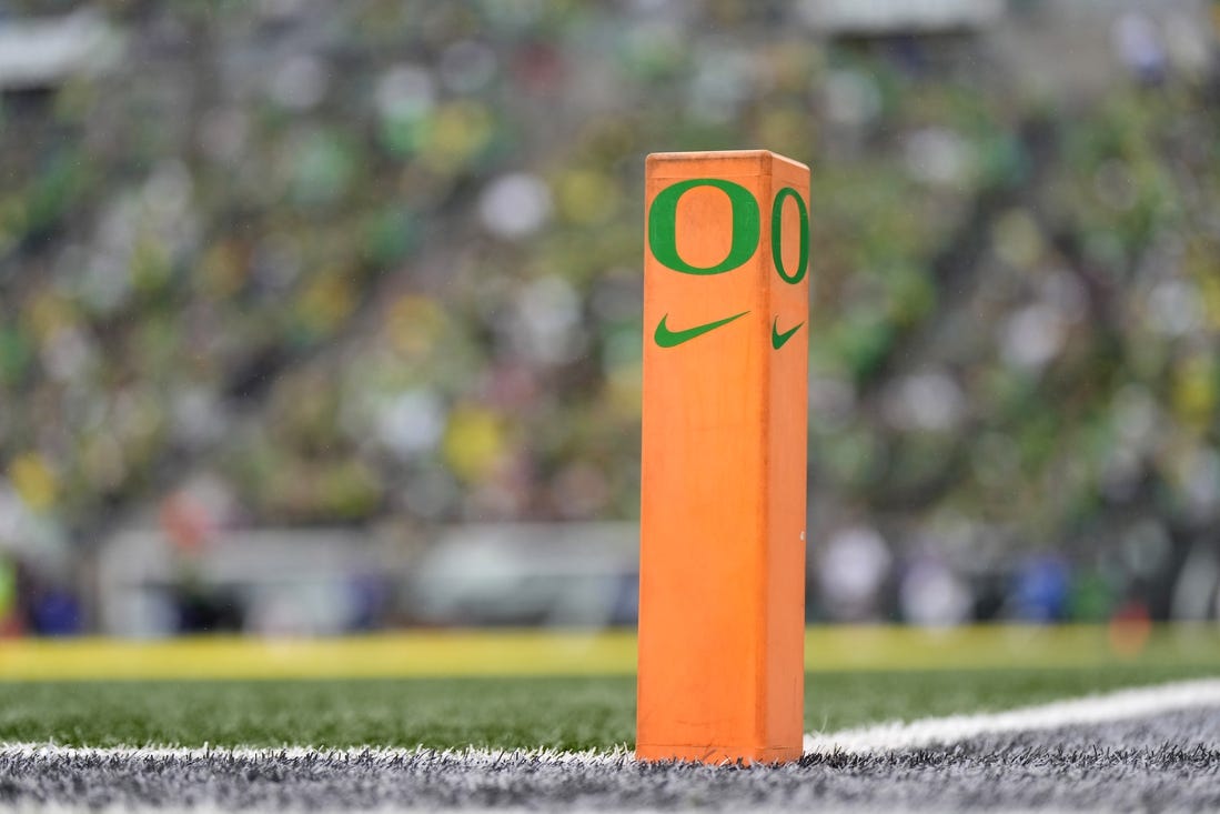 Oct 21, 2023; Eugene, Oregon, USA; A general view of an end zone pylon during the second half between the Oregon Ducks and the Washington State Cougars at Autzen Stadium. Mandatory Credit: Soobum Im-USA TODAY Sports