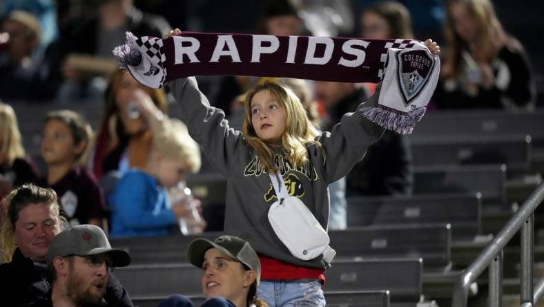 Oct 21, 2023; Commerce City, Colorado, USA; Colorado Rapids fans before the match against the Real Salt Lake at Dick's Sporting Goods Park. Mandatory Credit: Ron Chenoy-USA TODAY Sports