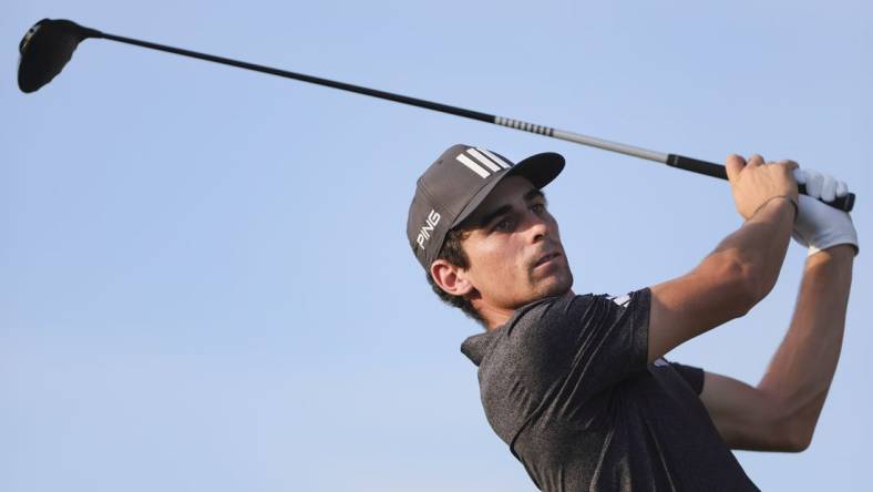 Oct 22, 2023; Doral, Florida, USA; Joaquin Niemann plays his shot from the 17th tee during the final round of the LIV Golf Miami golf tournament at Trump National Doral. Mandatory Credit: Sam Navarro-USA TODAY Sports