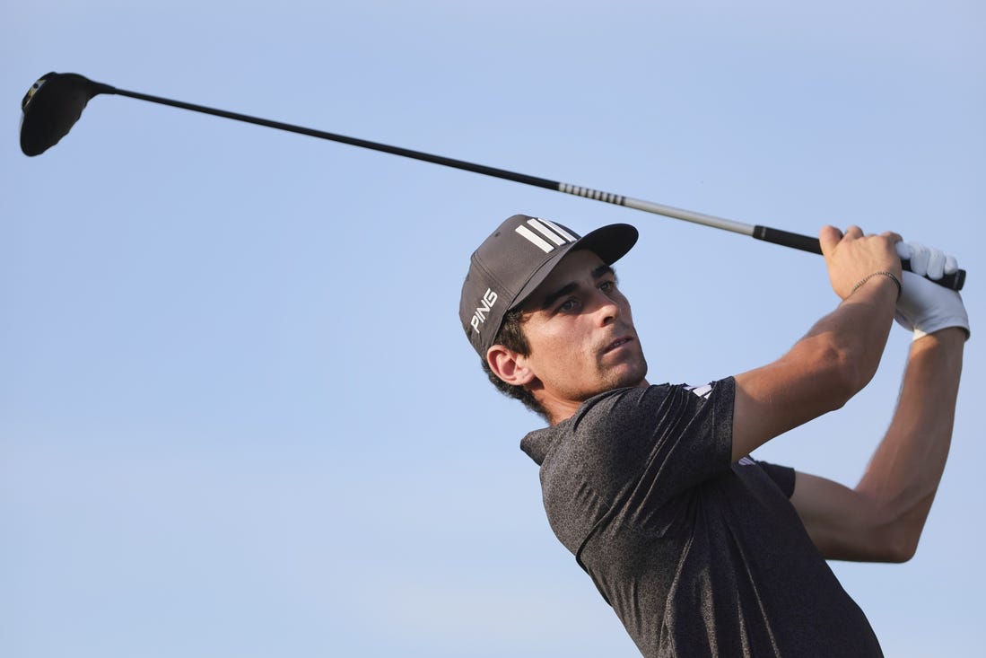 Oct 22, 2023; Doral, Florida, USA; Joaquin Niemann plays his shot from the 17th tee during the final round of the LIV Golf Miami golf tournament at Trump National Doral. Mandatory Credit: Sam Navarro-USA TODAY Sports