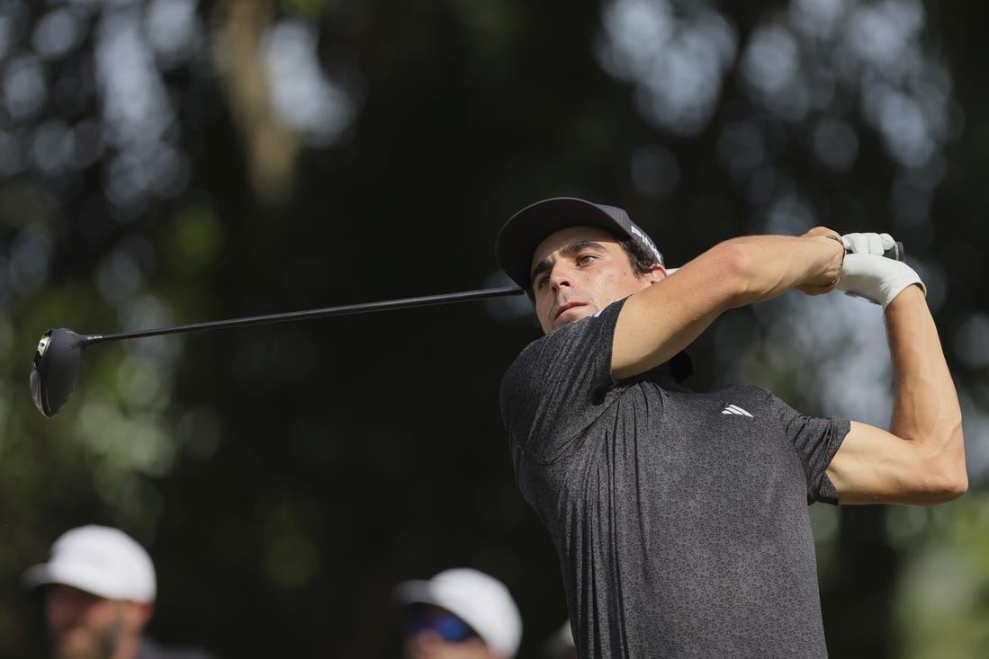 Oct 22, 2023; Doral, Florida, USA; Joaquin Niemann plays his shot from the seventh tee during the final round of the LIV Golf Miami golf tournament at Trump National Doral. Mandatory Credit: Sam Navarro-USA TODAY Sports