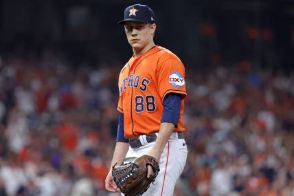 Oct 22, 2023; Houston, Texas, USA; Houston Astros relief pitcher Phil Maton (88) in the sixth inning during game six of the ALCS for the 2023 MLB playoffs against the Texas Rangers at Minute Maid Park. Mandatory Credit: Troy Taormina-USA TODAY Sports