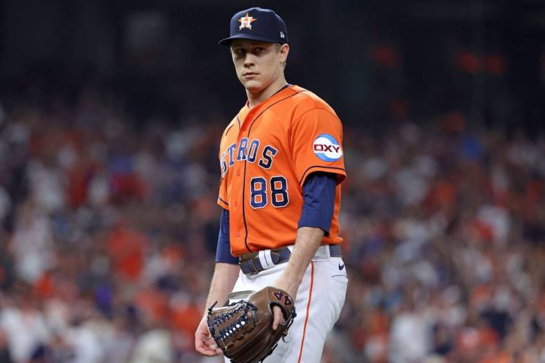 Oct 22, 2023; Houston, Texas, USA; Houston Astros relief pitcher Phil Maton (88) in the sixth inning during game six of the ALCS for the 2023 MLB playoffs against the Texas Rangers at Minute Maid Park. Mandatory Credit: Troy Taormina-USA TODAY Sports