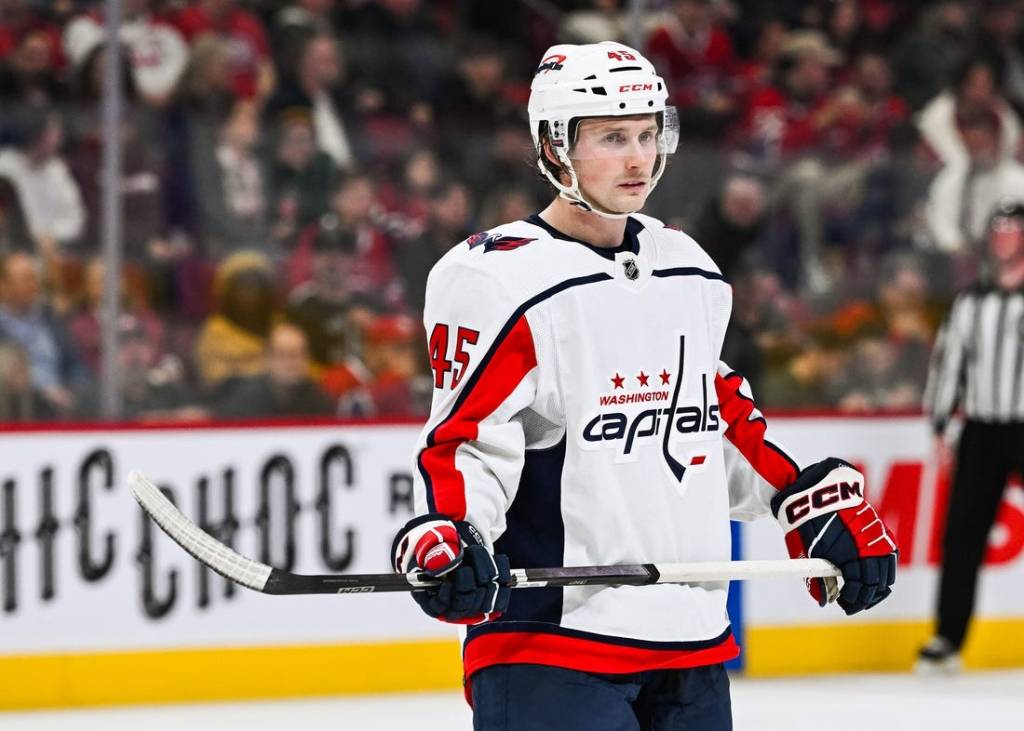 Oct 21, 2023; Montreal, Quebec, CAN; Washington Capitals right wing Matthew Phillips (45) against the Montreal Canadiens during the third period at Bell Centre. Mandatory Credit: David Kirouac-USA TODAY Sports