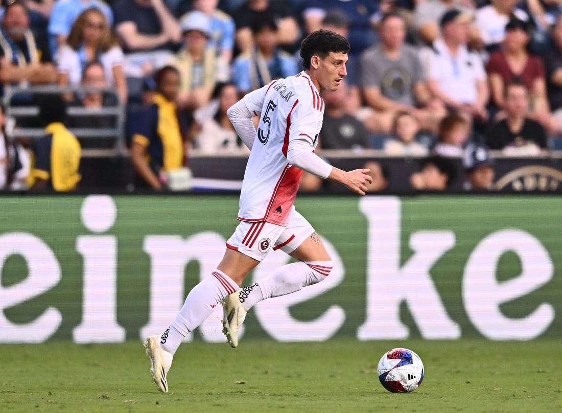 Oct 28, 2023; Philadelphia, PA, USA; New England Revolution forward Tomas Chancalay (5) controls the ball against the Philadelphia Union during the first half in game one in a round one match of the 2023 MLS Cup Playoffs at Subaru Park. Mandatory Credit: Kyle Ross-USA TODAY Sports