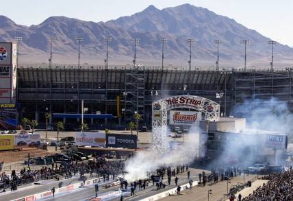 Oct 29, 2023; Las Vegas, NV, USA; Overall view of The Strip at Las Vegas Motor Speedway as NHRA top fuel driver Steve Torrence does a burnout during the Nevada Nationals. Mandatory Credit: Mark J. Rebilas-USA TODAY Sports