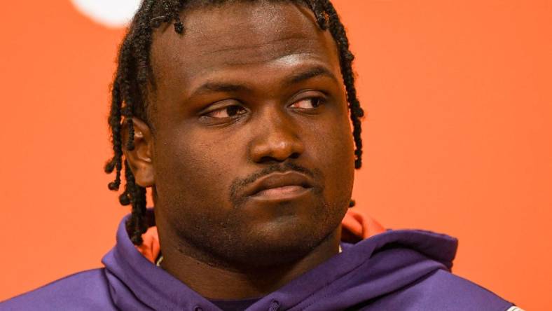 Clemson defensive lineman DeMonte Capehart speaks in the Smart Family Media Center before the first open practice at the Poe Indoor Facility in Clemson, S.C. Monday, October 30, 2023.