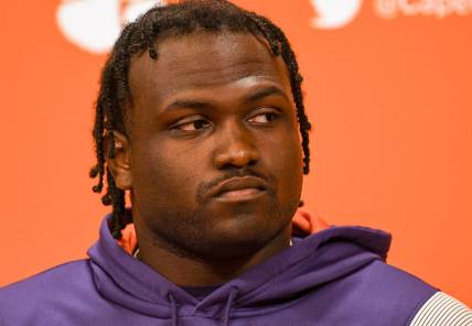 Clemson defensive lineman DeMonte Capehart speaks in the Smart Family Media Center before the first open practice at the Poe Indoor Facility in Clemson, S.C. Monday, October 30, 2023.