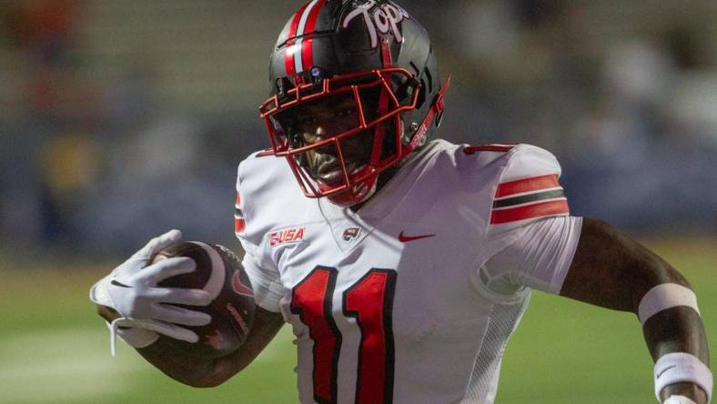 WKU's Malachi Corley runs in for a touchdown against UTEP on Nov. 4, 2023 at the Sun Bowl.