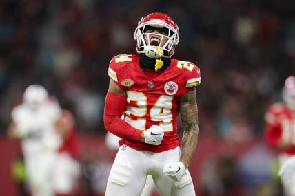 Nov 5, 2023; Frankfurt, Germany, ;  Kansas City Chiefs wide receiver Skyy Moore (24) reacts after catching a pass against the Miami Dolphins in the second quarter during an NFL International Series game at Deutsche Bank Park. Mandatory Credit: Nathan Ray Seebeck-USA TODAY Sports