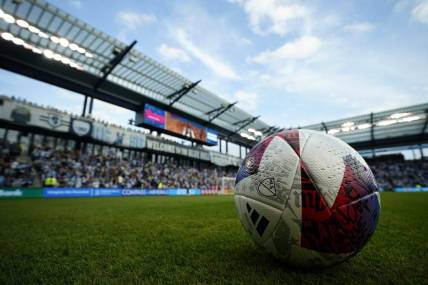 Nov 5, 2023; Kansas City, KS, USA; General view of a game ball before the match between Sporting Kansas City and St. Louis City SC of game two in a round one match of the 2023 MLS Cup Playoffs at Children's Mercy Park. Mandatory Credit: Jay Biggerstaff-USA TODAY Sports