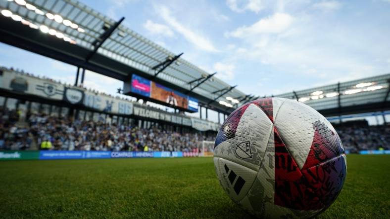 Nov 5, 2023; Kansas City, KS, USA; General view of a game ball before the match between Sporting Kansas City and St. Louis City SC of game two in a round one match of the 2023 MLS Cup Playoffs at Children's Mercy Park. Mandatory Credit: Jay Biggerstaff-USA TODAY Sports