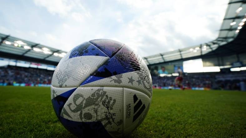 Nov 5, 2023; Kansas City, KS, USA; General view of a game ball before the match between Sporting Kansas City and St. Louis City SC of game two in a round one match of the 2023 MLS Cup Playoffs at Children's Mercy Park. Mandatory Credit: Jay Biggerstaff-USA TODAY Sports