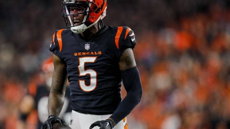 Nov 5, 2023; Cincinnati, Ohio, USA; Cincinnati Bengals wide receiver Tee Higgins (5) reacts after advancing the ball against the Buffalo Bills in the second half at Paycor Stadium. Mandatory Credit: Katie Stratman-USA TODAY Sports