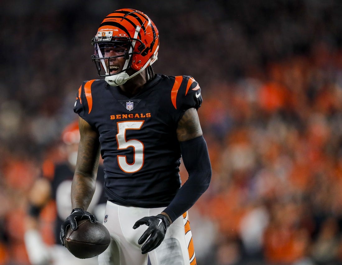 Nov 5, 2023; Cincinnati, Ohio, USA; Cincinnati Bengals wide receiver Tee Higgins (5) reacts after advancing the ball against the Buffalo Bills in the second half at Paycor Stadium. Mandatory Credit: Katie Stratman-USA TODAY Sports