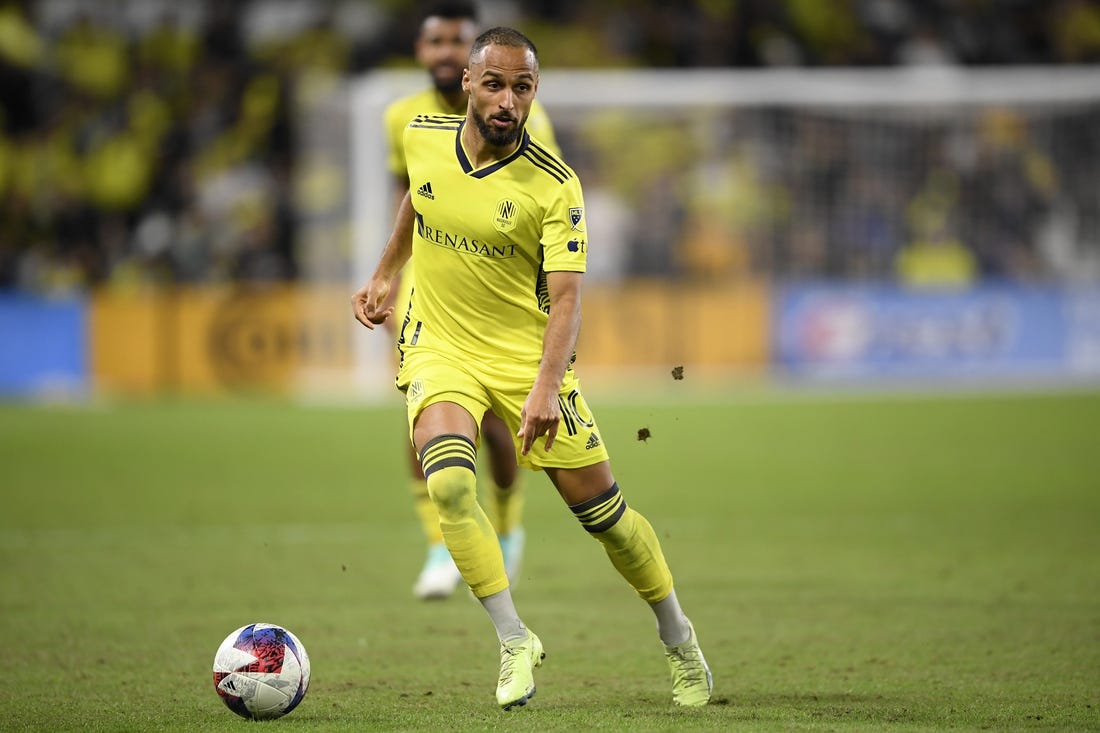 Nov 7, 2023; Nashville, Tennessee, USA; Nashville SC midfielder Hany Mukhtar (10) controls the ball in the second half against the Orlando City SC at Geodis Park. Mandatory Credit: Steve Roberts-USA TODAY Sports