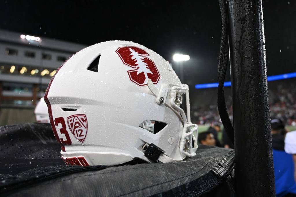 Nov 4, 2023; Pullman, Washington, USA; Stanford Cardinal helmet sits against the Washington State Cougars in the first half at Gesa Field at Martin Stadium. Mandatory Credit: James Snook-USA TODAY Sports