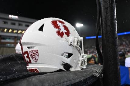 Nov 4, 2023; Pullman, Washington, USA; Stanford Cardinal helmet sits against the Washington State Cougars in the first half at Gesa Field at Martin Stadium. Mandatory Credit: James Snook-USA TODAY Sports