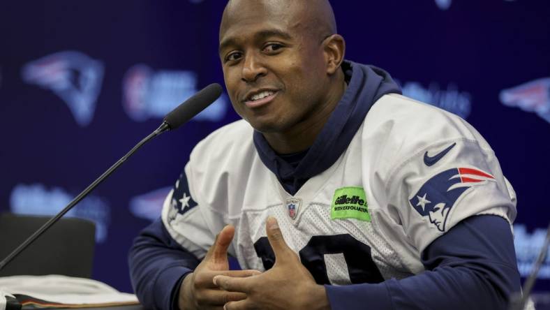 Nov 10, 2023; Frankfurt, Germany;  New England Patriots wide receiver Matthew Slater (18) speaks to the media before an NFL International Series practice at the Deutcher Fussball-Bund facility. Mandatory Credit: Nathan Ray Seebeck-USA TODAY Sports